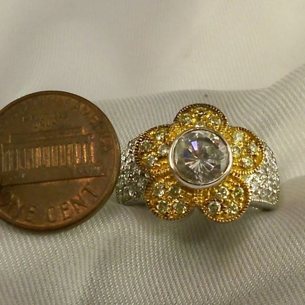 NEW Vintage Charles Winston Flower Yellow Cubic Zirconias Gold Silver Ring
